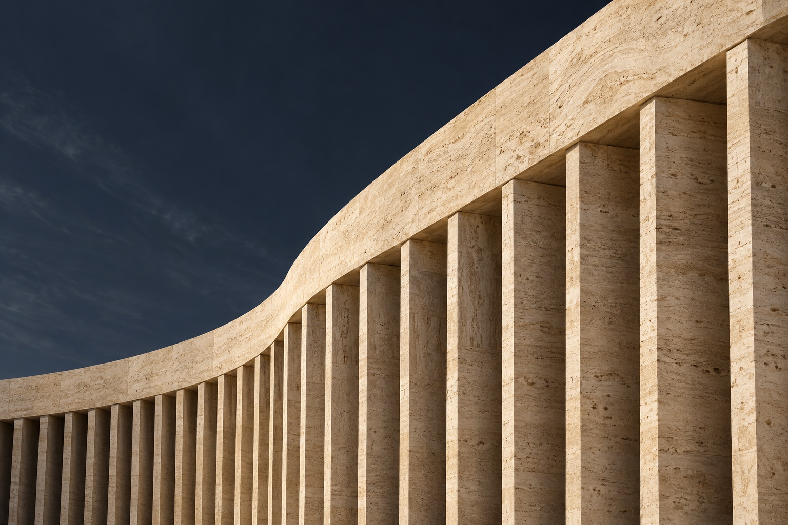 Fachada curva con columnas verticales de travertino