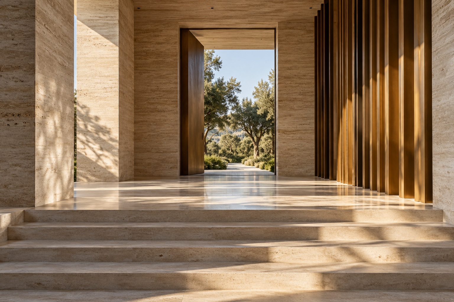 Acceso luminoso de piedra y madera con escalones hacia el exterior